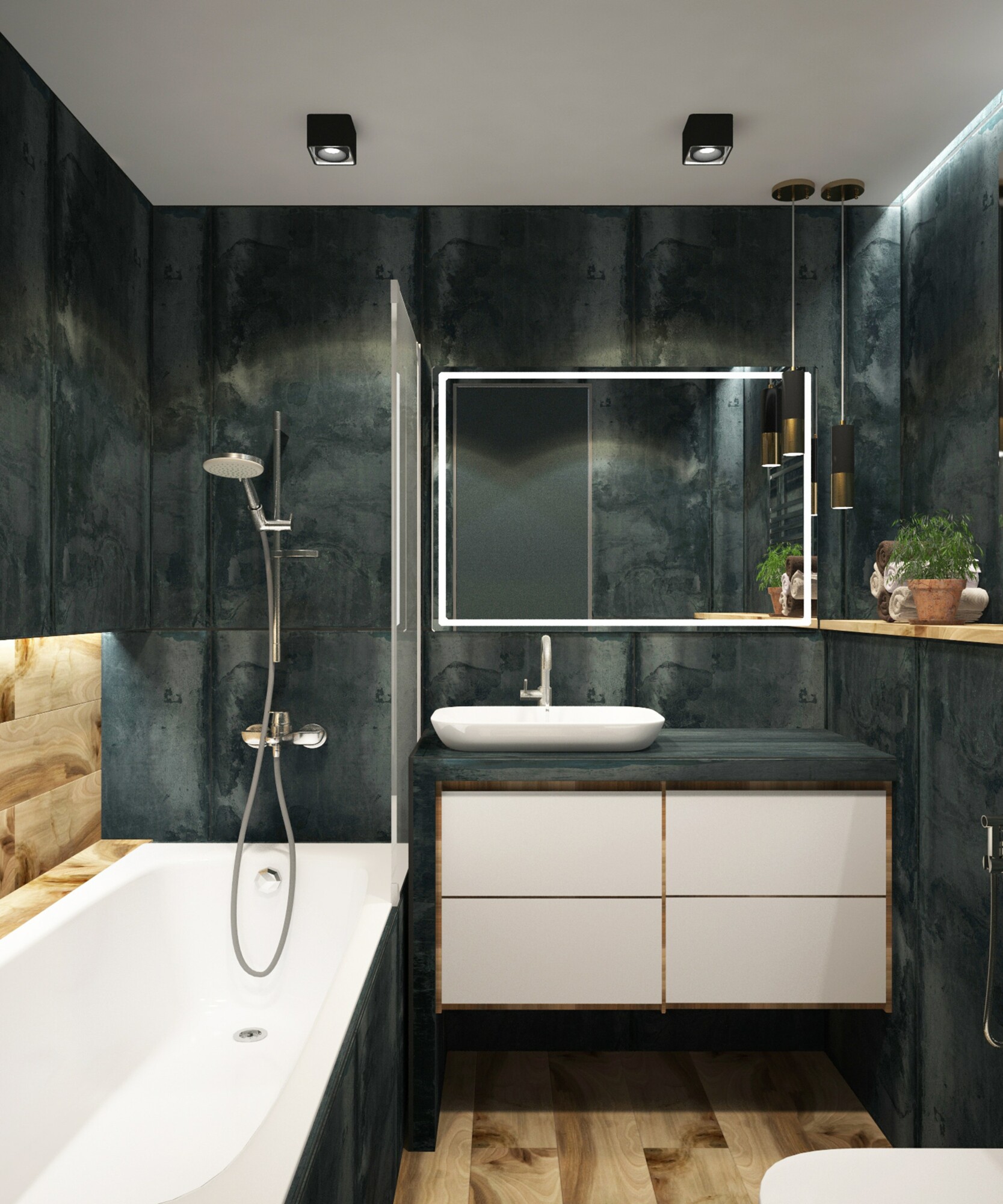 A modern bathroom with a bath, shower, and a large backlit led mirror, bespoke bathroom design