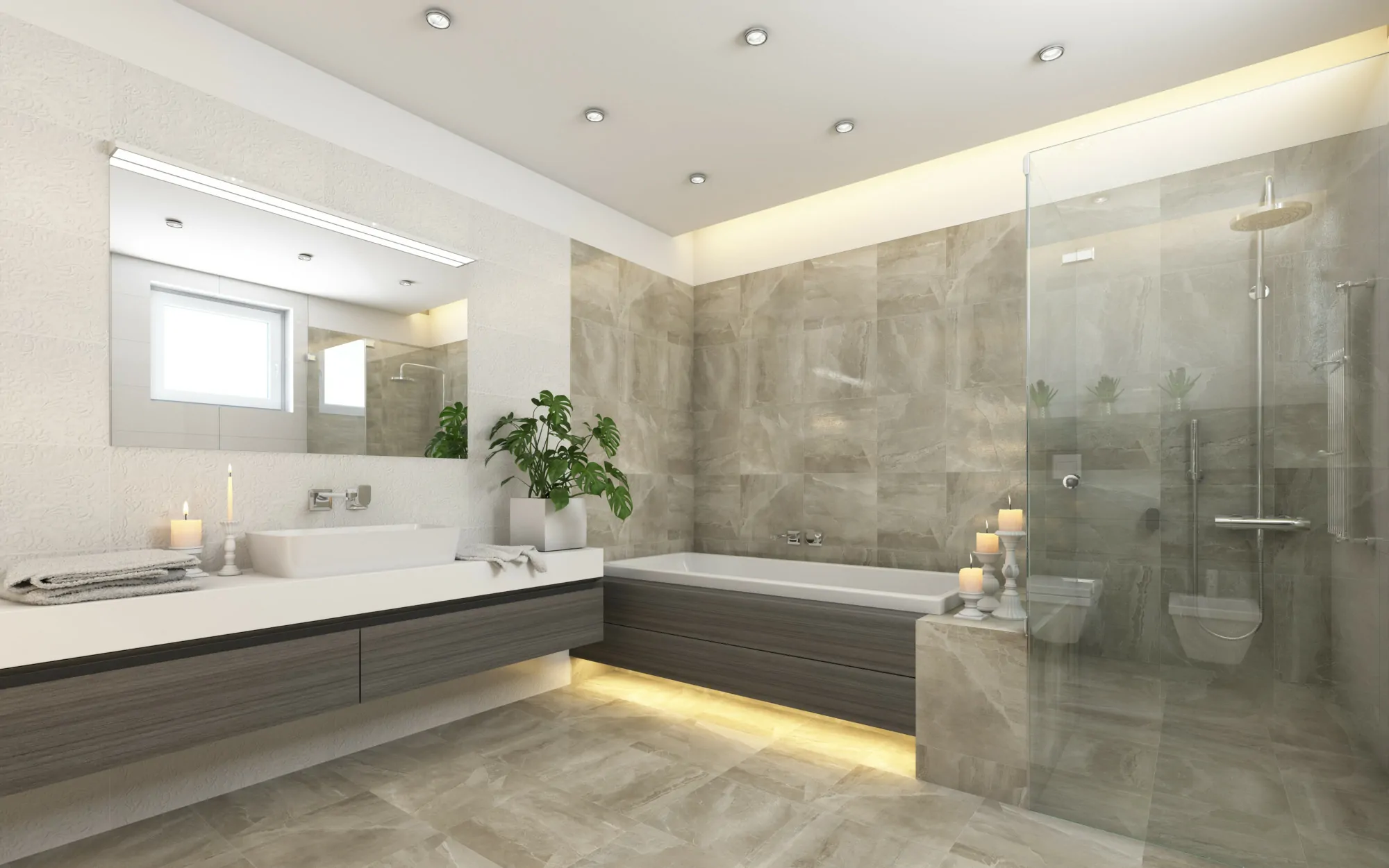 Bright,Bathroom,In,Grey,With,Candles,3d,Rendering